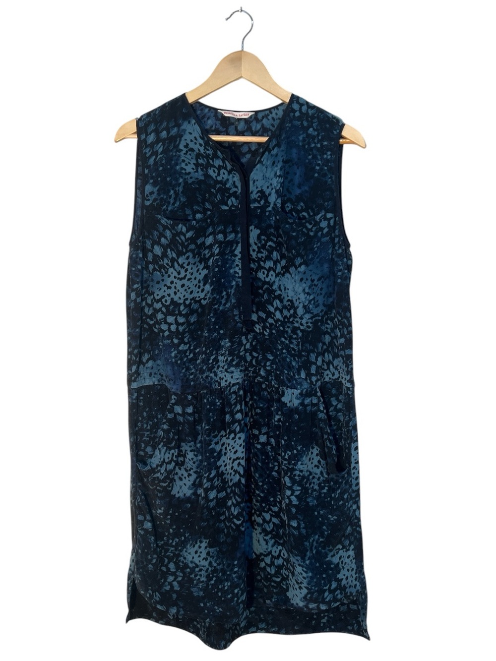 Rebecca Taylor 100% Silk Button Front Shift Dress Blue Abstract Print Pockets 6